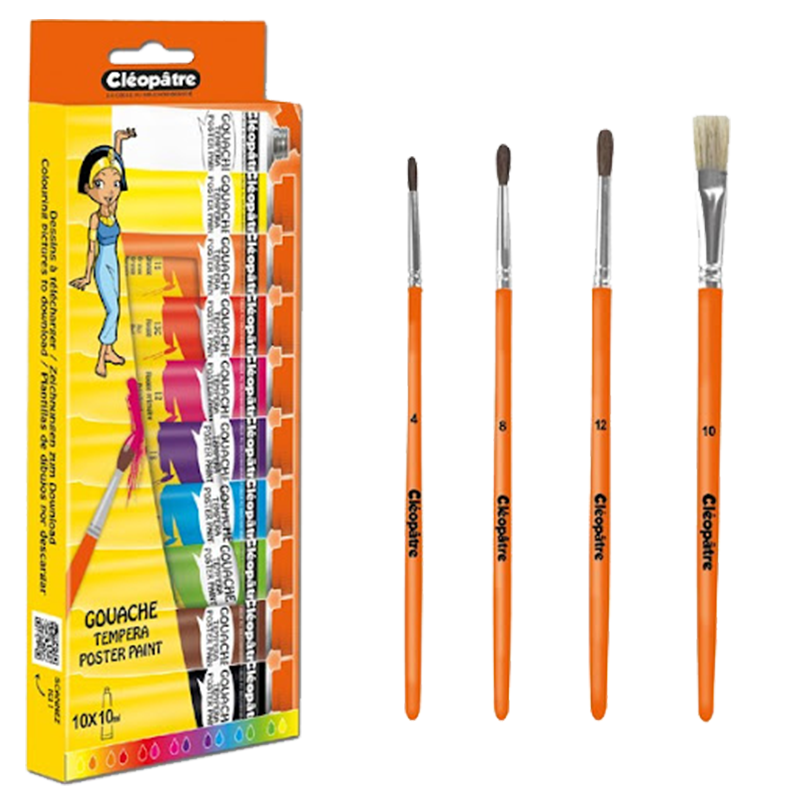 Lot de 10 tubes de Gouache CLEOPATRE avec pinceaux